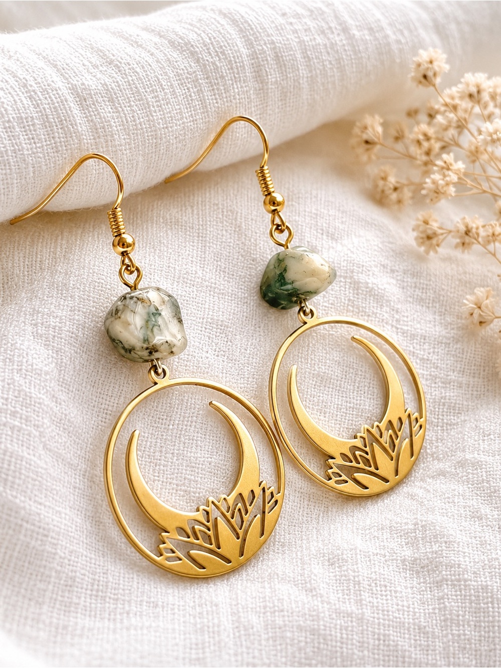 Gold Lotus Crescent Drop Earrings with Green Marble Accent